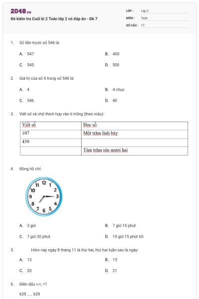 Đề kiểm tra Cuối kì 2 Toán lớp 2 có đáp án - Đề 7