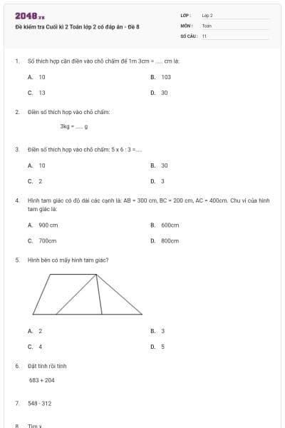 Đề kiểm tra Cuối kì 2 Toán lớp 2 có đáp án - Đề 8