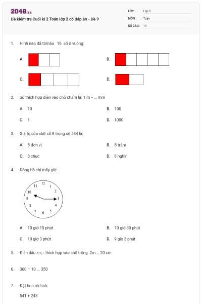 Đề kiểm tra Cuối kì 2 Toán lớp 2 có đáp án - Đề 9