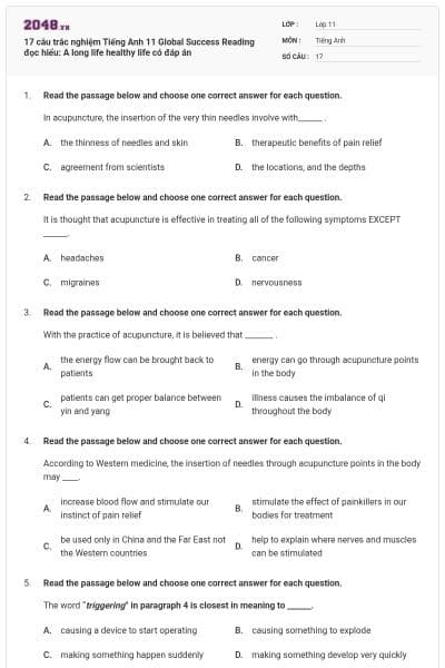 17 câu trắc nghiệm Tiếng Anh 11 Global Success Reading đọc hiểu: A long life healthy life có đáp án