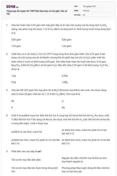 Tổng hợp đề luyện thi THPTQG Hóa Học có lời giải ( Đề số 10)