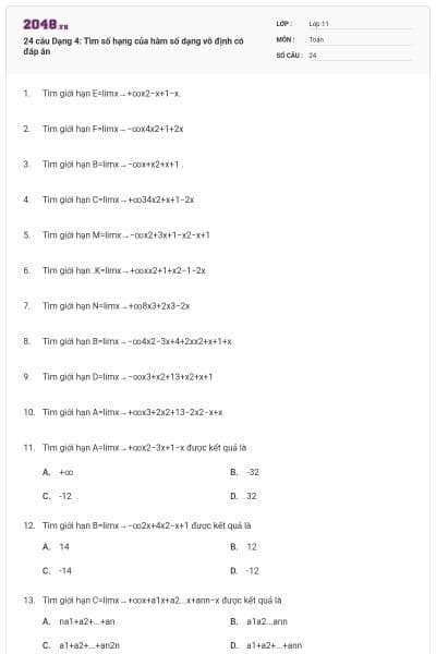 24 câu Dạng 4: Tìm số hạng của hàm số dạng vô định có đáp án