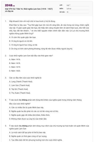 Giải VTH Sử 7 Bài 16. Khởi nghĩa Lam Sơn (1418 - 1427) có đáp án