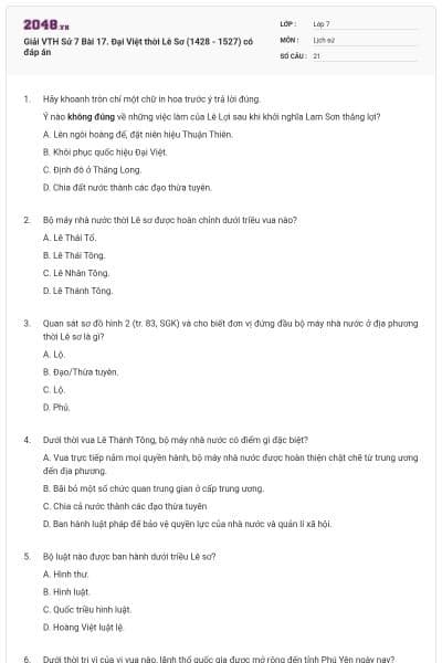 Giải VTH Sử 7 Bài 17. Đại Việt thời Lê Sơ (1428 - 1527) có đáp án