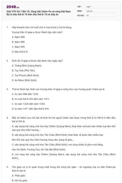Giải VTH Sử 7 Bài 18. Vùng đất Chăm-Pa và vùng Đất Nam Bộ từ đầu thế kỉ 10 đến đầu thế kỉ 16 có đáp án