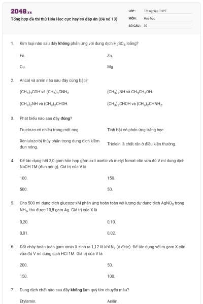 Tổng hợp đề thi thử Hóa Học cực hay có đáp án (Đề số 13)