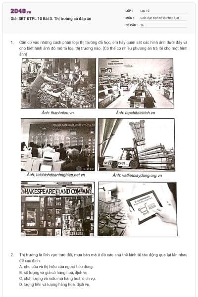 Giải SBT KTPL 10 Bài 3. Thị trường có đáp án