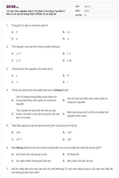 15 câu Trắc nghiệm Vật lí 10 Chân Trời Sáng Tạo Bài 3: Đơn vị và sai số trong Vật lí (Phần 2) có đáp án