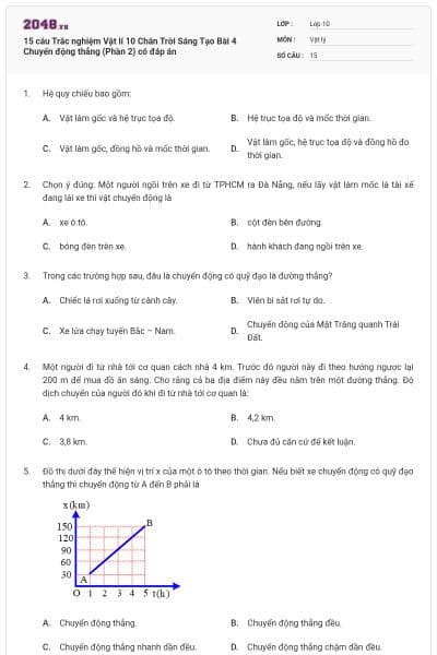 15 câu Trắc nghiệm Vật lí 10 Chân Trời Sáng Tạo Bài 4 Chuyển động thẳng (Phần 2) có đáp án