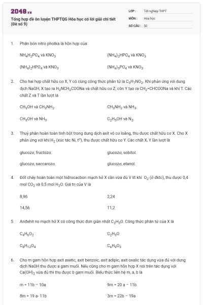 Tổng hợp đề ôn luyện THPTQG Hóa học có lời giải chi tiết (Đề số 9)