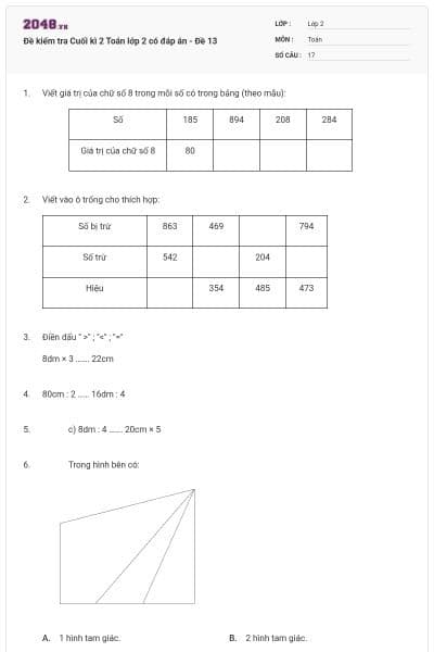 Đề kiểm tra Cuối kì 2 Toán lớp 2 có đáp án - Đề 13