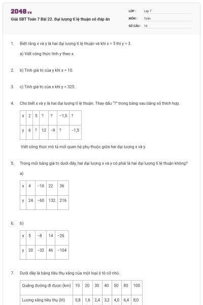 Giải SBT Toán 7 Bài 22. Đại lượng tỉ lệ thuận có đáp án