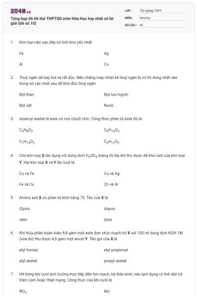 Tổng hợp đề thi thử THPTQG môn Hóa Học hay nhất có lời giải (Đề số 10)