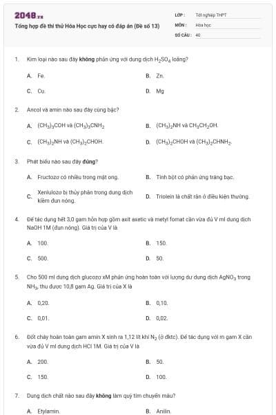 Tổng hợp đề thi thử Hóa Học cực hay có đáp án (Đề số 13)