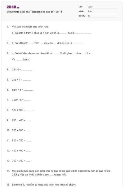 Đề kiểm tra Cuối kì 2 Toán lớp 2 có đáp án - Đề 14