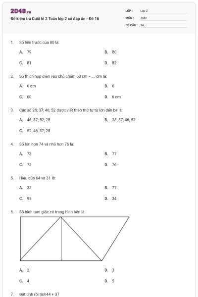 Đề kiểm tra Cuối kì 2 Toán lớp 2 có đáp án - Đề 16