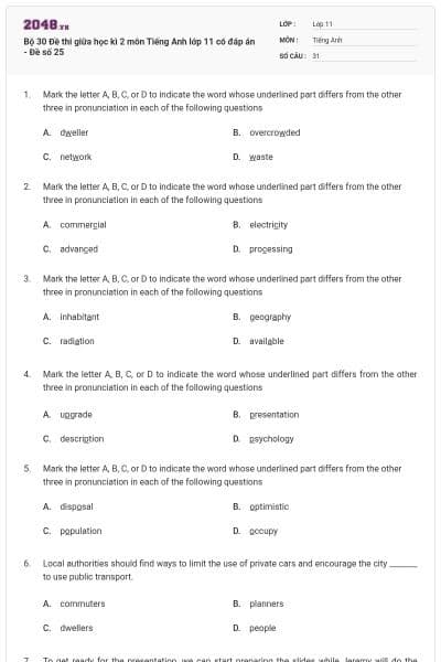 Bộ 30 Đề thi giữa học kì 2 môn Tiếng Anh lớp 11 có đáp án - Đề số 25