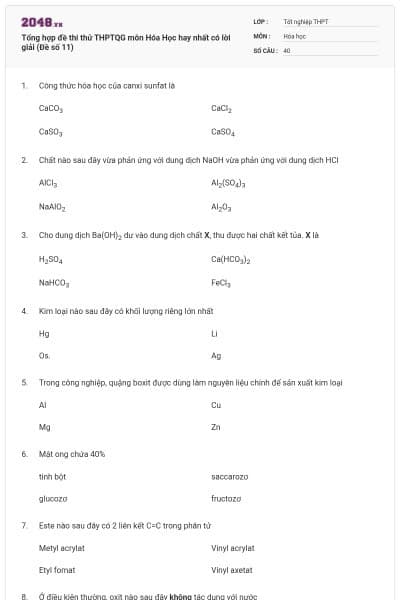 Tổng hợp đề thi thử THPTQG môn Hóa Học hay nhất có lời giải (Đề số 11)