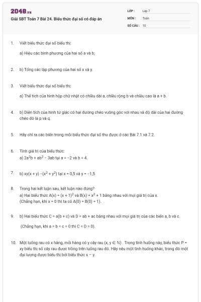Giải SBT Toán 7 Bài 24. Biểu thức đại số có đáp án