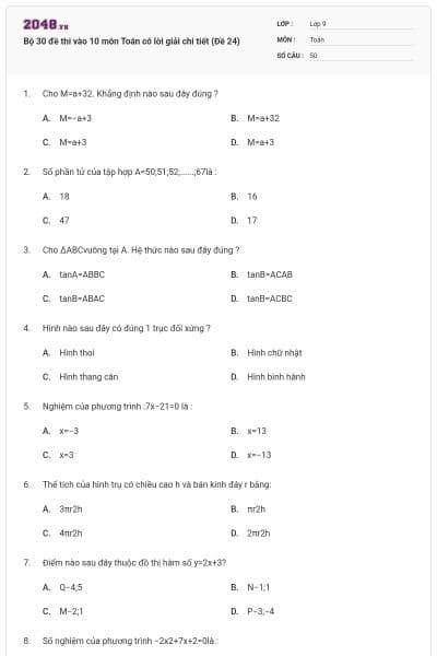 Bộ 30 đề thi vào 10 môn Toán có lời giải chi tiết (Đề 24)