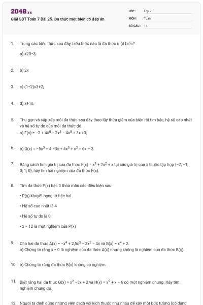 Giải SBT Toán 7 Bài 25. Đa thức một biến có đáp án