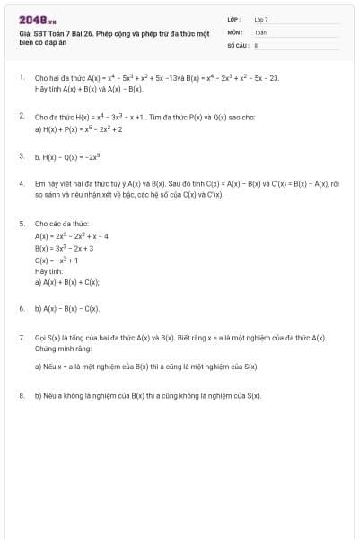 Giải SBT Toán 7 Bài 26. Phép cộng và phép trừ đa thức một biến có đáp án