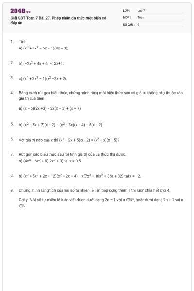 Giải SBT Toán 7 Bài 27. Phép nhân đa thức một biến có đáp án