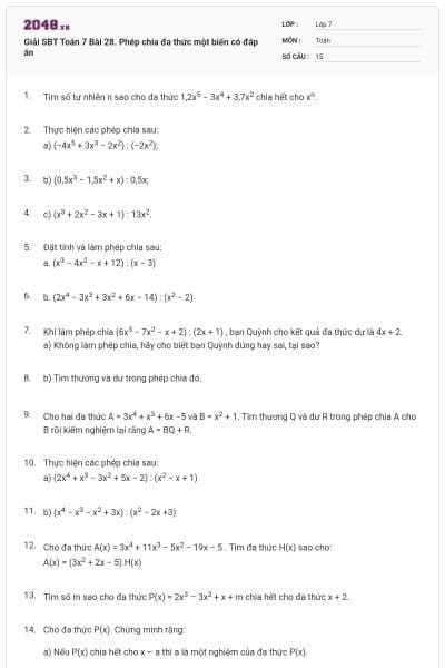 Giải SBT Toán 7 Bài 28. Phép chia đa thức một biến có đáp án