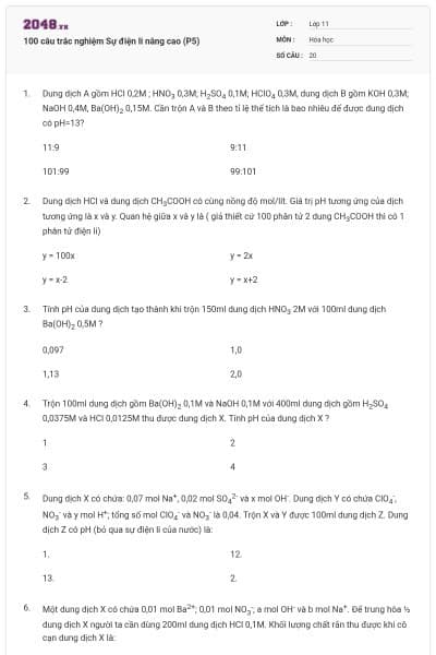 100 câu trắc nghiệm Sự điện li nâng cao (P5)