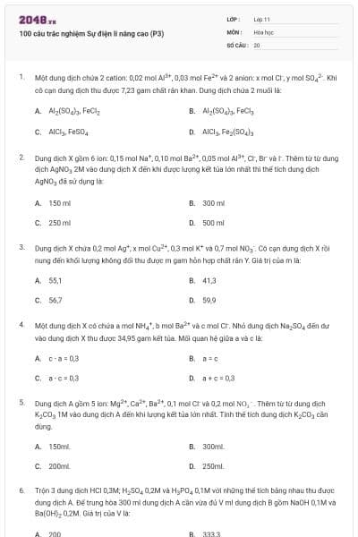 100 câu trắc nghiệm Sự điện li nâng cao (P3)