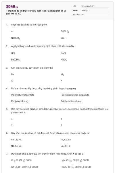 Tổng hợp đề thi thử THPTQG môn Hóa Học hay nhất có lời giải (Đề số 12)