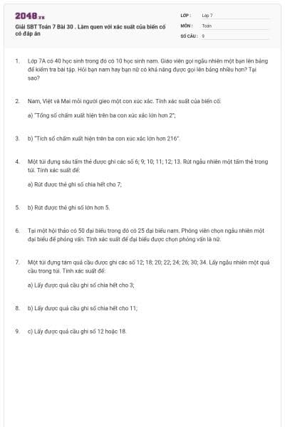Giải SBT Toán 7 Bài 30 . Làm quen với xác suất của biến cố có đáp án