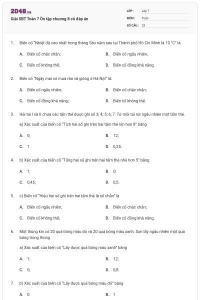 Giải SBT Toán 7 Ôn tập chương 8 có đáp án