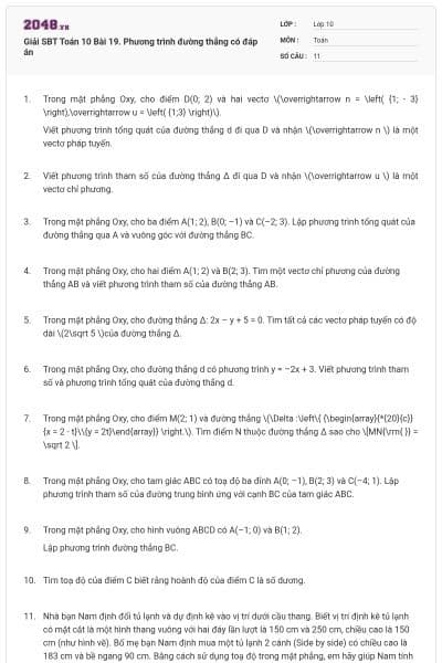 Giải SBT Toán 10 Bài 19. Phương trình đường thẳng có đáp án