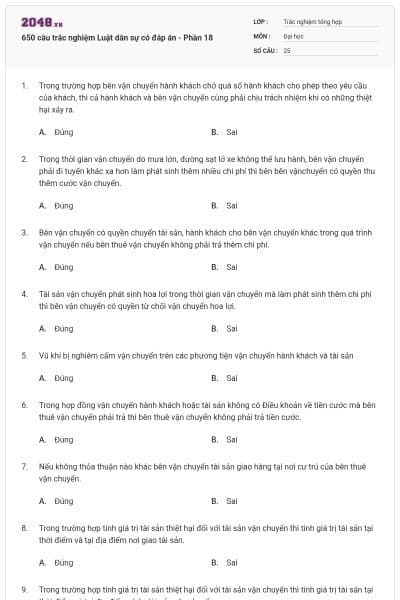 650 câu trắc nghiệm Luật dân sự có đáp án - Phần 18