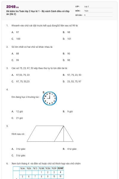 Đề kiểm tra Toán lớp 2 Học kì 1 - Bộ sách Cánh diều có đáp án (Đề 2)