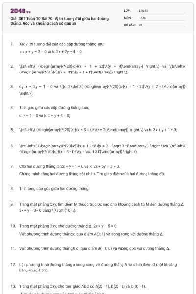 Giải SBT Toán 10 Bài 20. Vị trí tương đối giữa hai đường thẳng. Góc và khoảng cách có đáp án