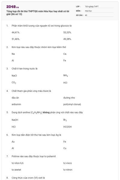Tổng hợp đề thi thử THPTQG môn Hóa Học hay nhất có lời giải (Đề số 13)