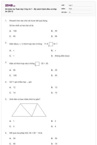Đề kiểm tra Toán lớp 2 Học kì 1 - Bộ sách Cánh diều có đáp án (Đề 3)