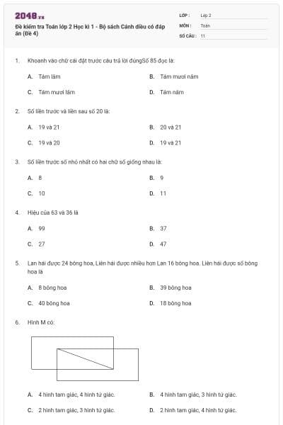 Đề kiểm tra Toán lớp 2 Học kì 1 - Bộ sách Cánh diều có đáp án (Đề 4)