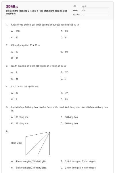 Đề kiểm tra Toán lớp 2 Học kì 1 - Bộ sách Cánh diều có đáp án (Đề 5)