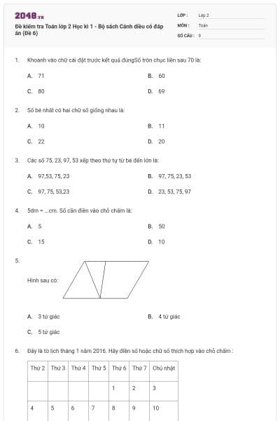 Đề kiểm tra Toán lớp 2 Học kì 1 - Bộ sách Cánh diều có đáp án (Đề 6)