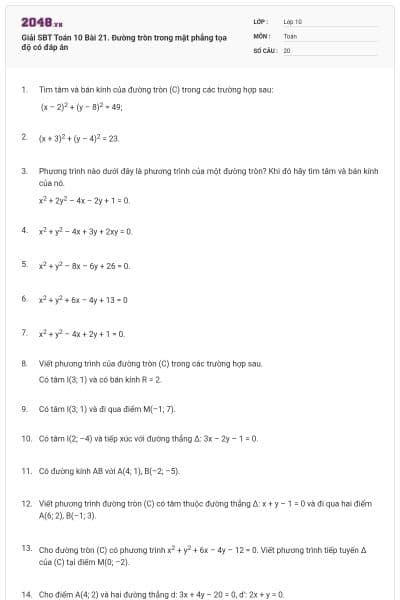 Giải SBT Toán 10 Bài 21. Đường tròn trong mặt phẳng tọa độ có đáp án