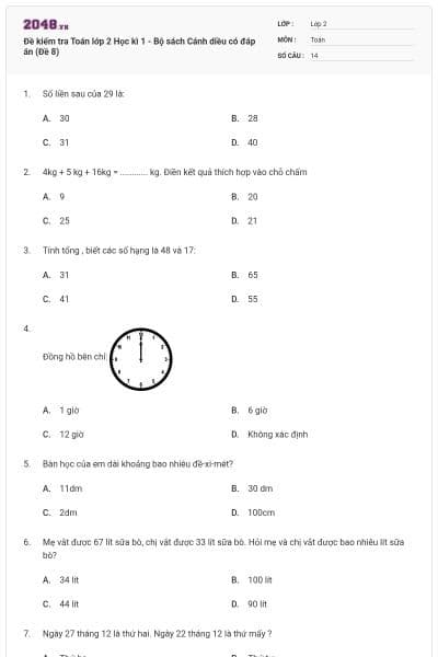 Đề kiểm tra Toán lớp 2 Học kì 1 - Bộ sách Cánh diều có đáp án (Đề 8)