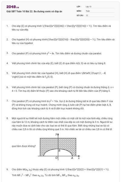 Giải SBT Toán 10 Bài 22. Ba đường conic có đáp án