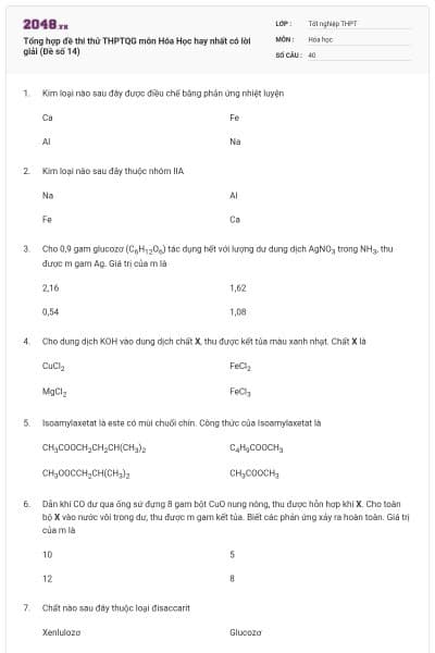 Tổng hợp đề thi thử THPTQG môn Hóa Học hay nhất có lời giải (Đề số 14)