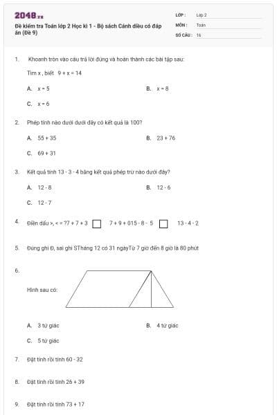 Đề kiểm tra Toán lớp 2 Học kì 1 - Bộ sách Cánh diều có đáp án (Đề 9)