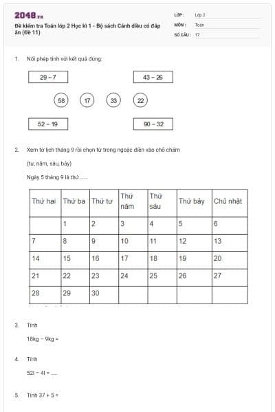 Đề kiểm tra Toán lớp 2 Học kì 1 - Bộ sách Cánh diều có đáp án (Đề 11)