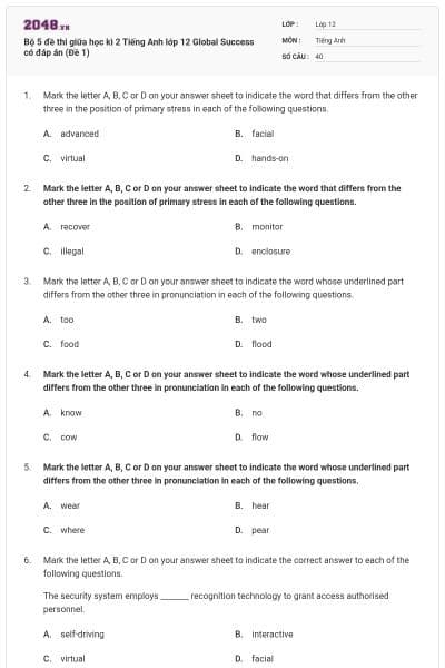 Bộ 5 đề thi giữa học kì 2 Tiếng Anh lớp 12 Global Success có đáp án (Đề 1)