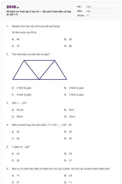 Đề kiểm tra Toán lớp 2 Học kì 1 - Bộ sách Cánh diều có đáp án (Đề 17)